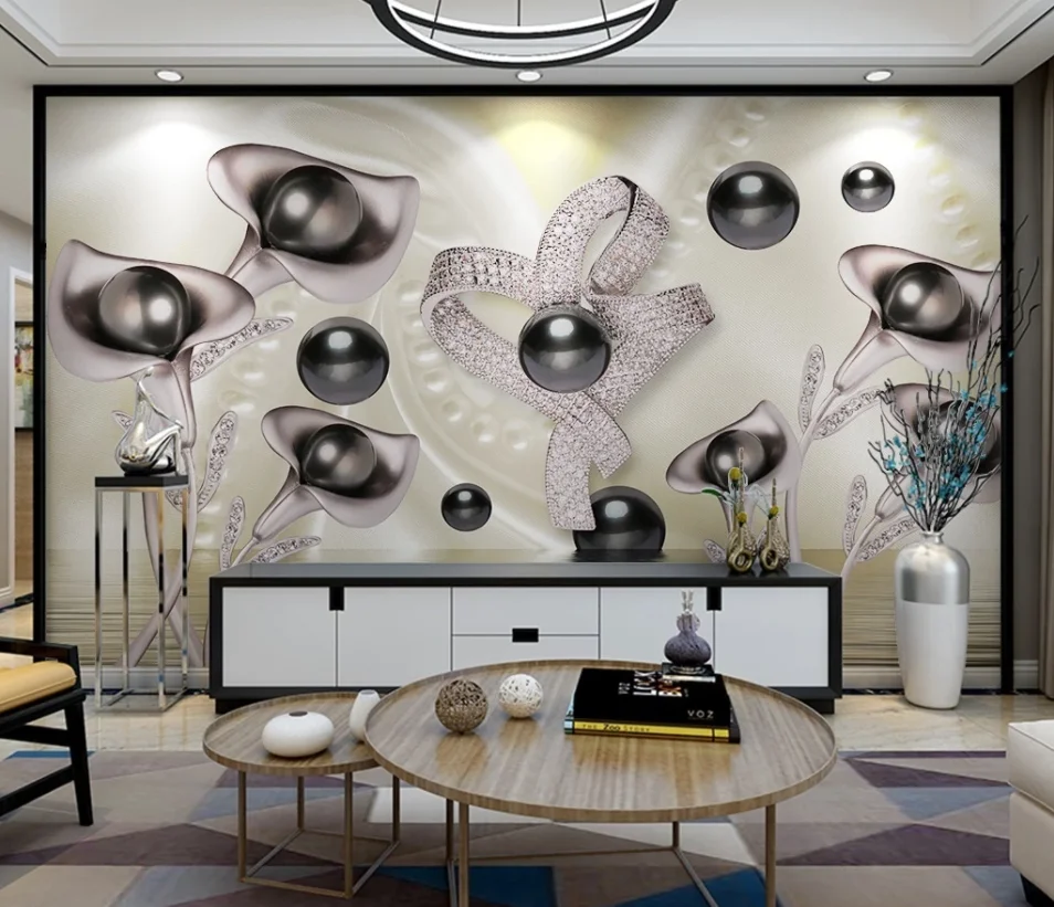 ZHIHAI 3D water wave reflection TV background wall of Calla and butterfly wallpaper flower rock and roll printed fabric