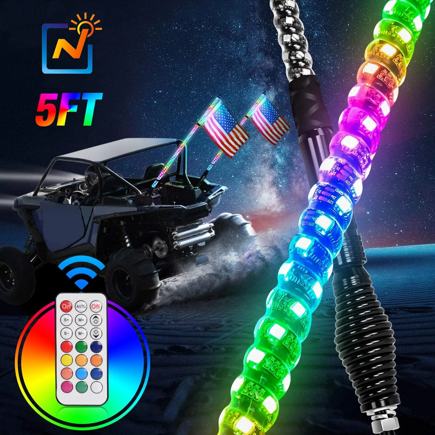 
RGB 360 Degree 5FT Spiral Rock Swtich Control Antenna LED Whip Light for ATV UTV RZR Polaris Off- Road Vehicle 