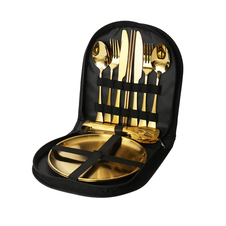 Outdoor Camping Silverware Cutlery Organizer 2 Person Dinnerware Set with Plate Spoon Fork Steak Knife grill tongs storage bag