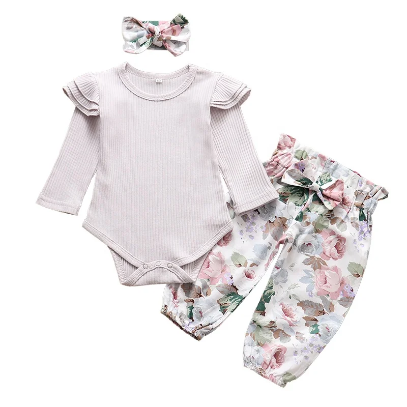 Oeko Ribbed Knitted Fabric Infant Lounge wear Autumn Toddler Bamboo Romper Baby Clothes Custom Baby Girl Set Clothes 2pcs