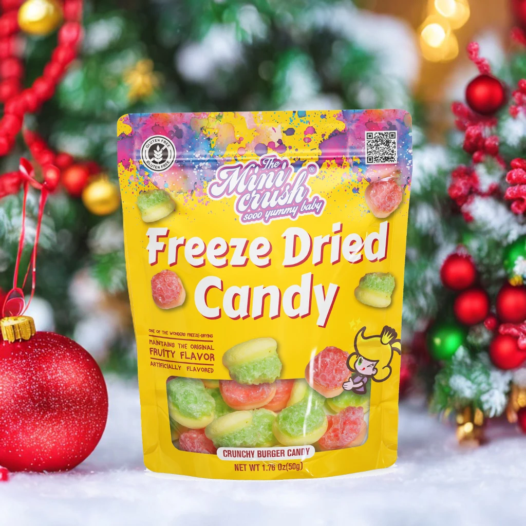 New Crispy Freeze-Dried Gummy Hamburger Candies Fruity Flavored Sweets Snacks with Cartoon Pattern Packaged in Bag for Christmas