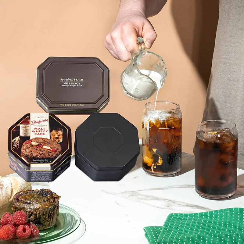 Factory Luxury Custom Metal Food Packaging Black Octagonal Tin Can Polygon Tins Irregular Tin Box For Cookies