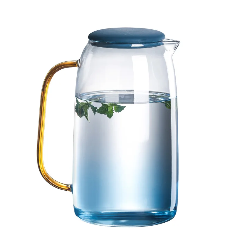 
High Quality 1.5L Blue Crystal Clear Borosilicate Glass Water Pot/ Jug/ Pitcher with Gold Handle 