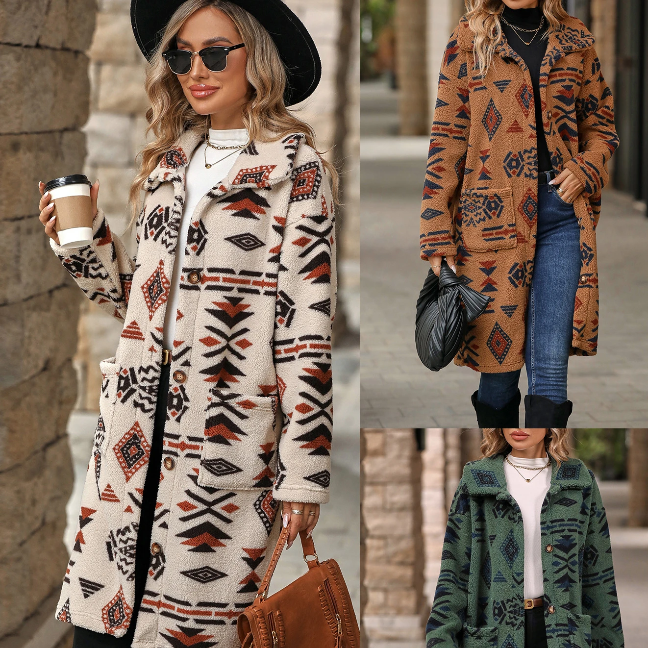 2023 Winter Vintage Aztec Midi Long Warm Soft Fleece Jacket Coats For Women