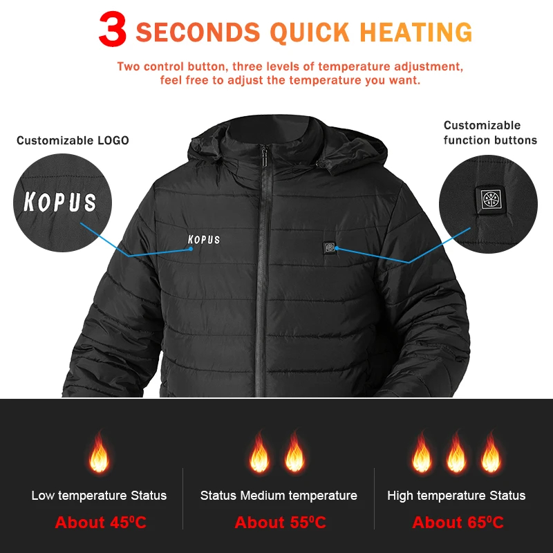 Custom Logo Winter Hood Puffer Jacket Waterproof Mens Jacket Outerwear Custom Heated Jackets Electrical Thermal Heated Coat
