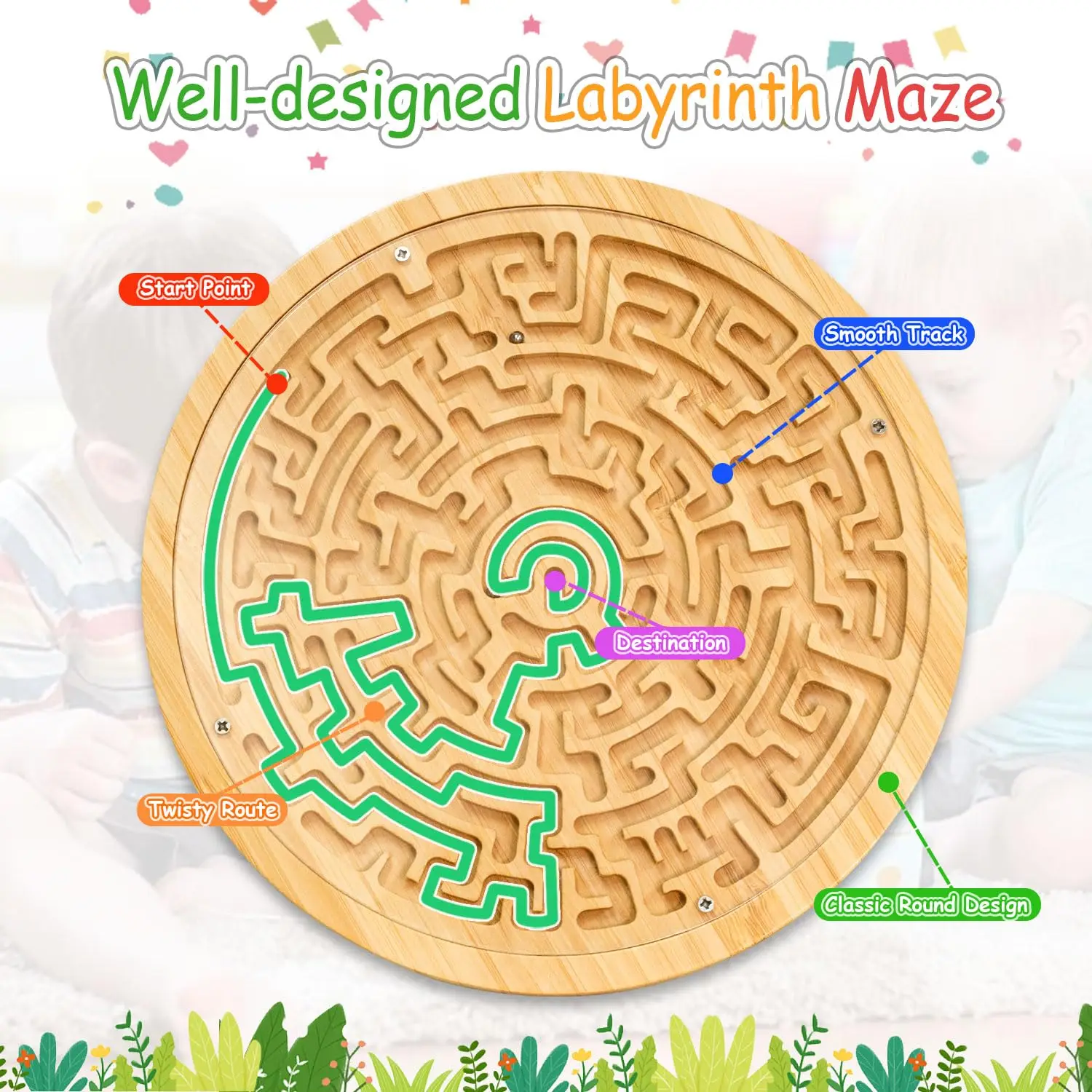 Wooden Labyrinth Board Game, Round Marble Balls Maze, Maze Puzzle with Two Metal Balls