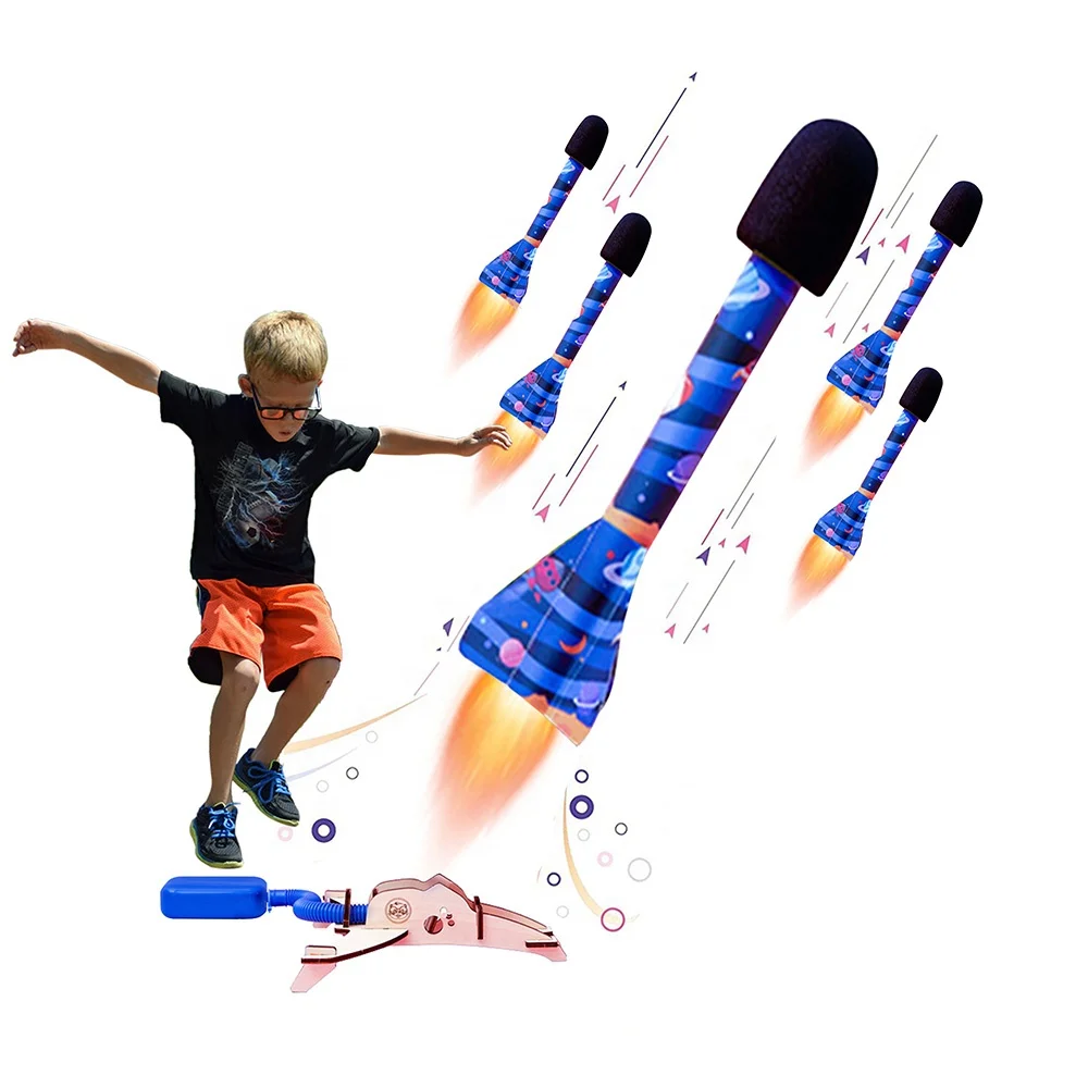 Hot Selling Children Entertainment Eva Foam Sky Flying Jump Stomp Air Pump Rocket Launcher Toy For Kids
