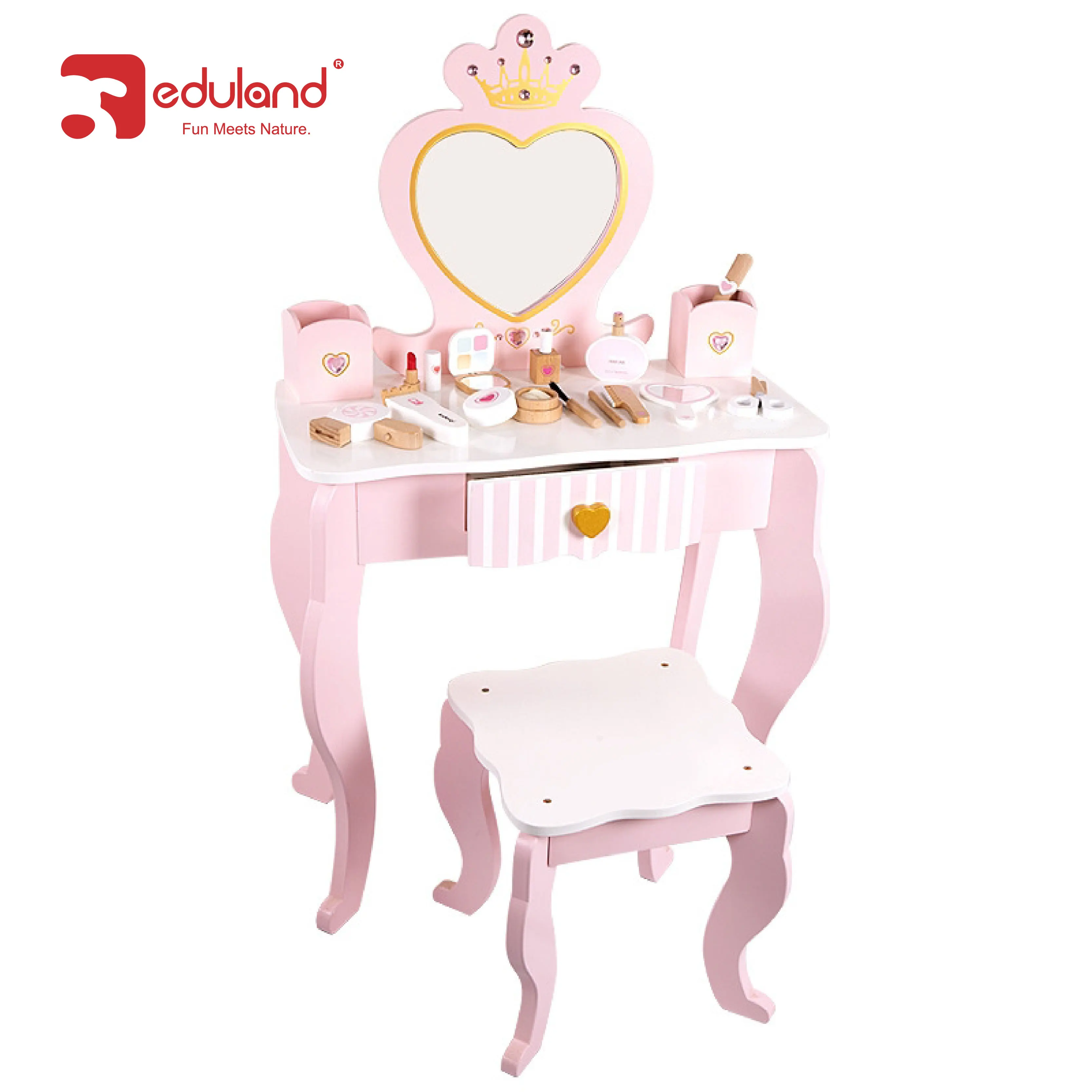Assembled Modern Kids Dressing Table Room Furniture Makeup Vanity Table Set with Mirror Wooden Kids Vanity Table Set