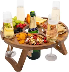 Wooden Outdoor Folding Picnic Table Portable Wine Table with Glass Holder