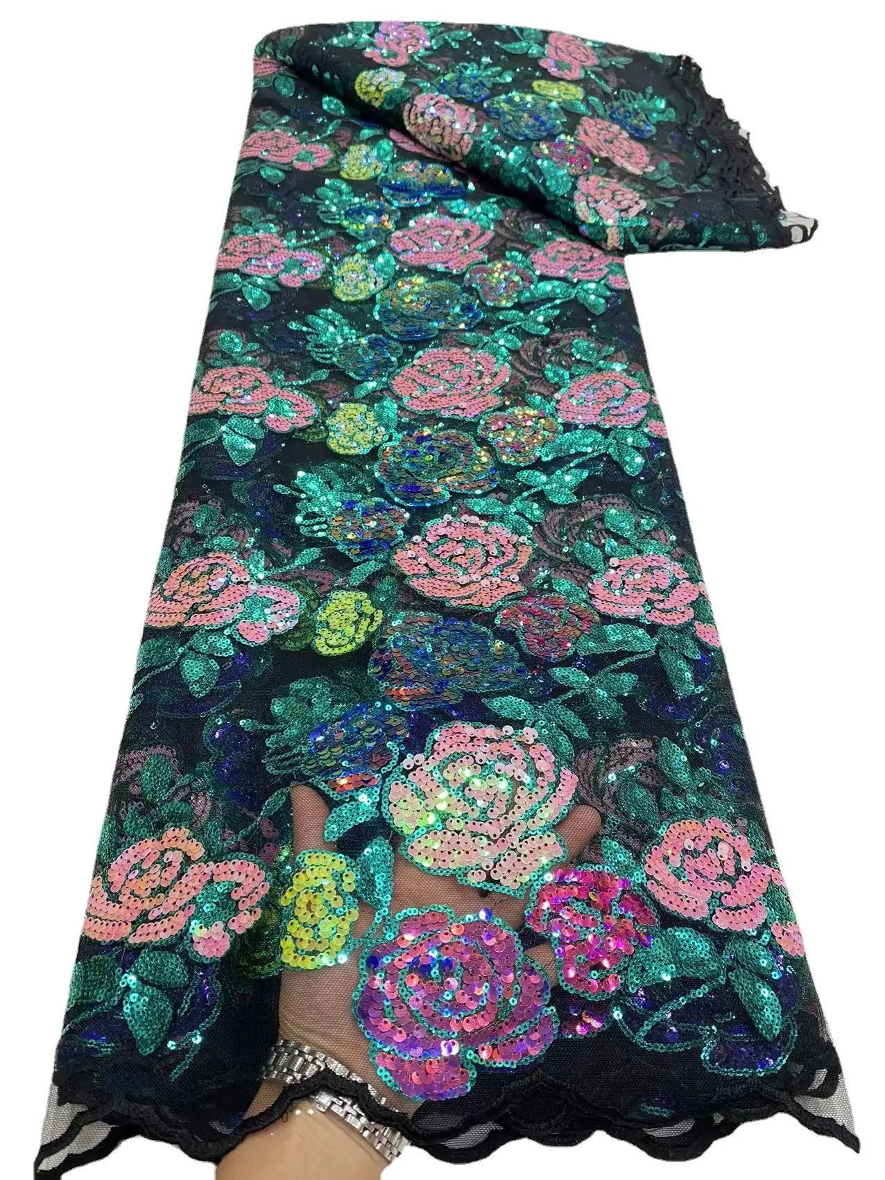 New Product Wholesale African sequin rose flower beads embroidered gauze lace fabric for dress