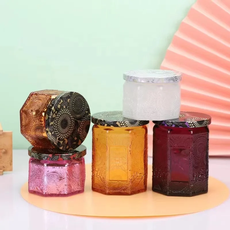 Wholesale Candle Vessels Manufacturer Colored Amber White Red Grey Vintage Apothecary Candle Jars Octagonal  Shaped for Candles