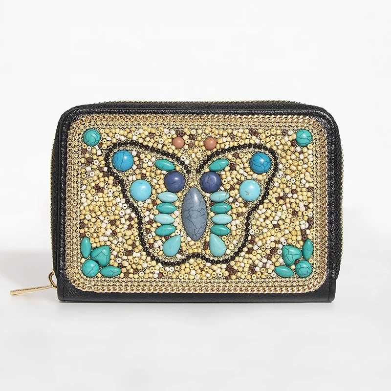 moyamiya handmade delicate seed beaded natural stone cowrie shell butterfly elephant  zipper PU wallet purse handbags women