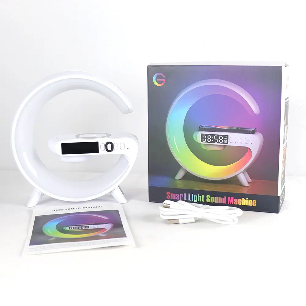 Mini G Shape Smart Desk Lamp, Cordless Bedside Table Lamp LED Wireless Charging Lamps with Speaker Alarm Clock