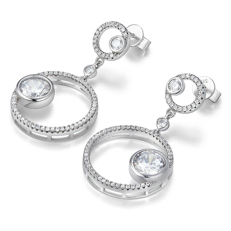 Fashion jewelry earrings 925 sterling silver paved CZ zirconia circle dangle earrings for women