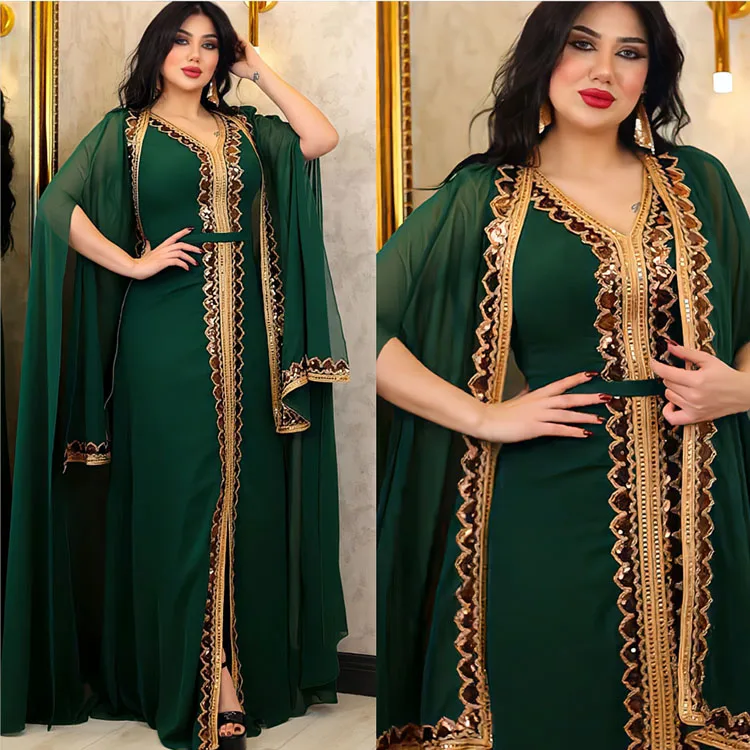 2024 Sequins Arabic Dresses Luxury Abaya Dubai Gown Cape Robes Kaftan Modest Muslim Evening Dresses With Long Sleeves