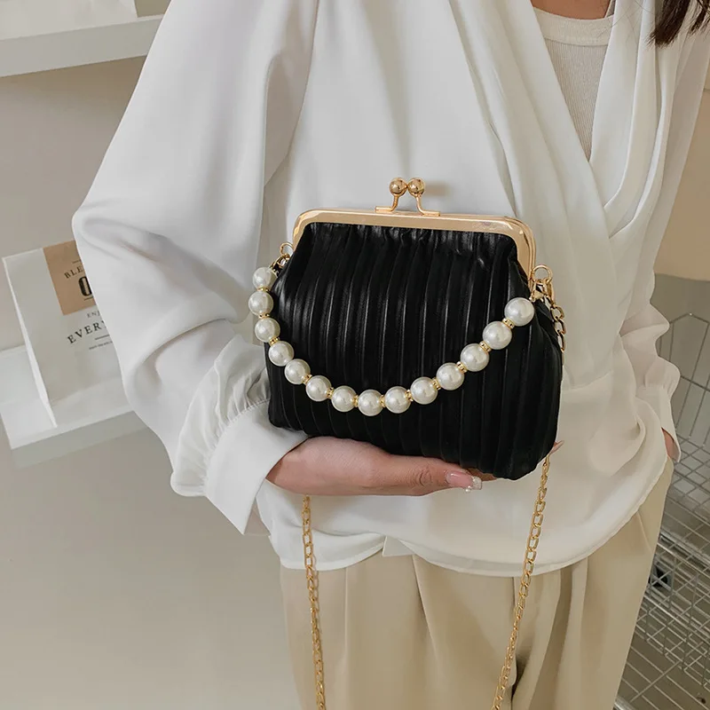 Korean INS Style Pearl Handbag for Ladies Fashion Pleated Personalized Single Shoulder Messenger Bag Shell Bag for Women