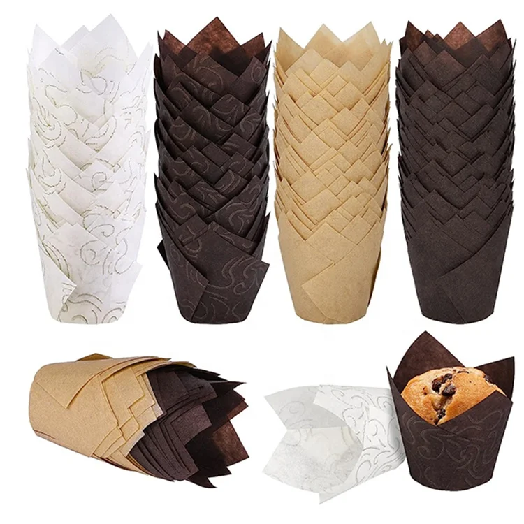 White Brown Natural Color Tulip Baking Case Disposable Tulip Paper Cake Cups Bakery Accessories Moulds Wholesale