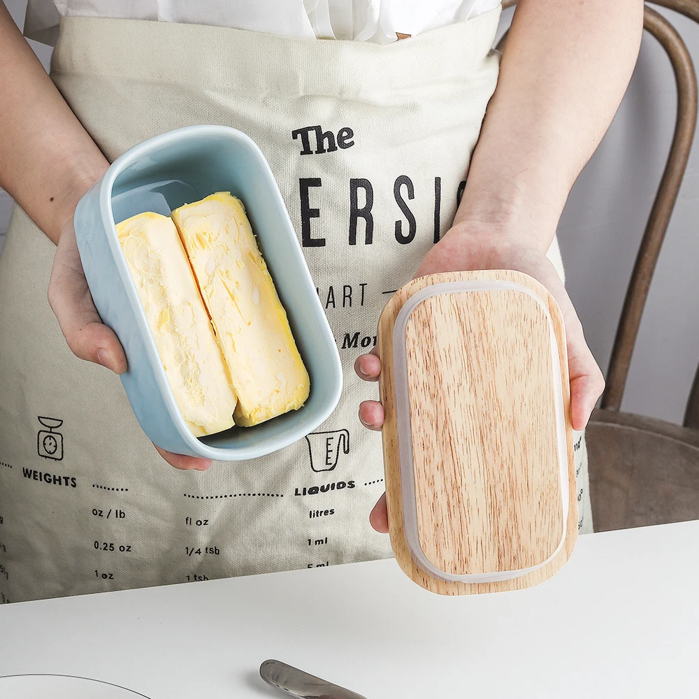 Butter Keeper Rectangle Ceramic Butter Dish With Wooden Lid  porcelain butter container