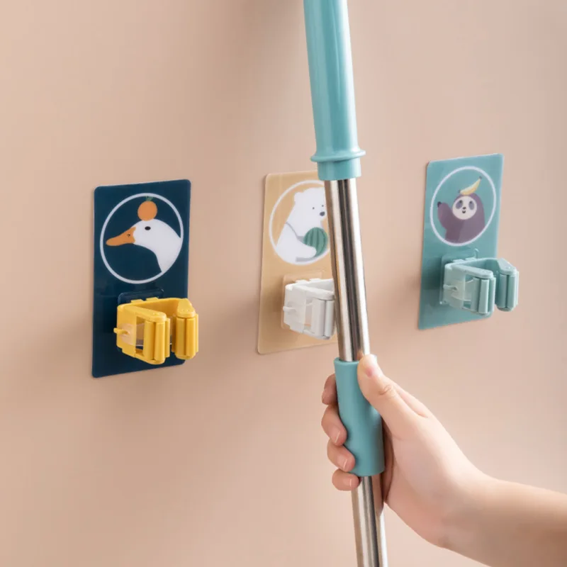 Multifunction Cartoon Self-adhesive Punch-Free Wall Mount Broom card holder mop hook For Bathroom  organizer Sticky Hook