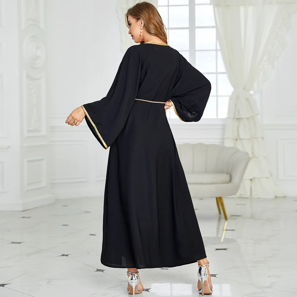 SIPO New Arrival EID Polyester Plain Abaya Women Muslim Islamic Clothing Dubai Black Hand Sewn Stones Casual Dresses Marocain