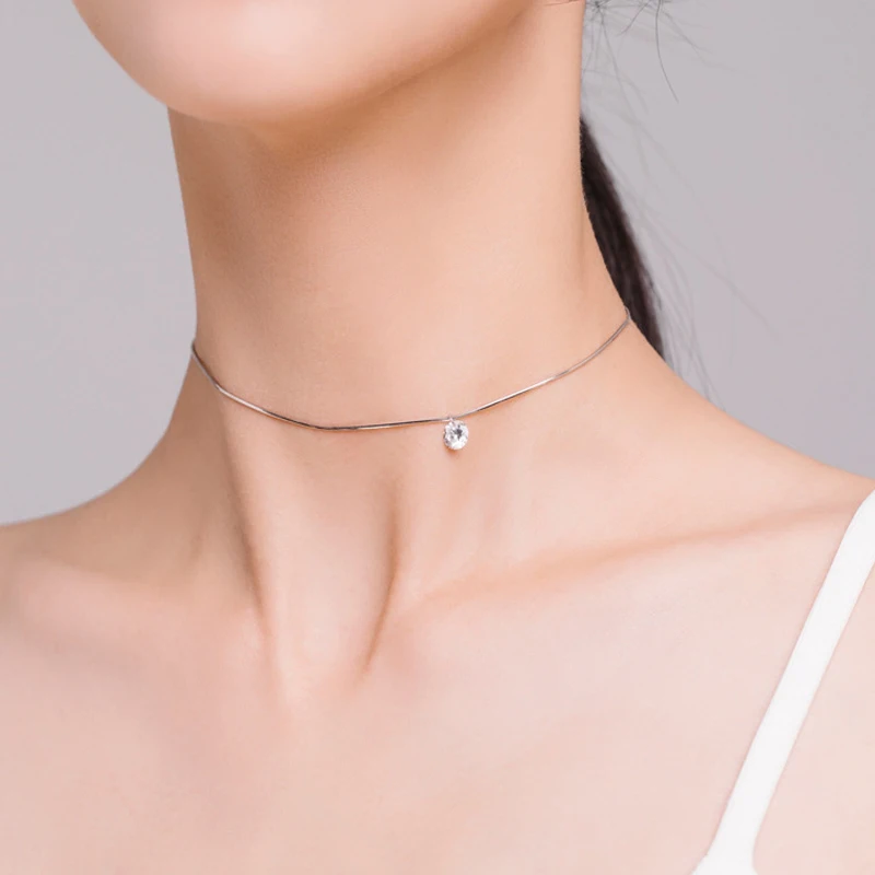 Temperament s925 silver female fresh girl necklace female single diamond fashion short necklace snake bone chain jewelry