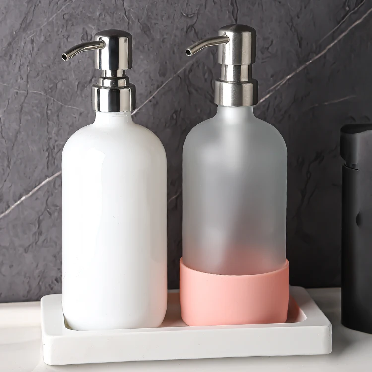 Wholesale 500ml Hand Lotion Soap Dispenser Glass Bottle Bathroom Accessory Set with Bamboo Pumps Tray