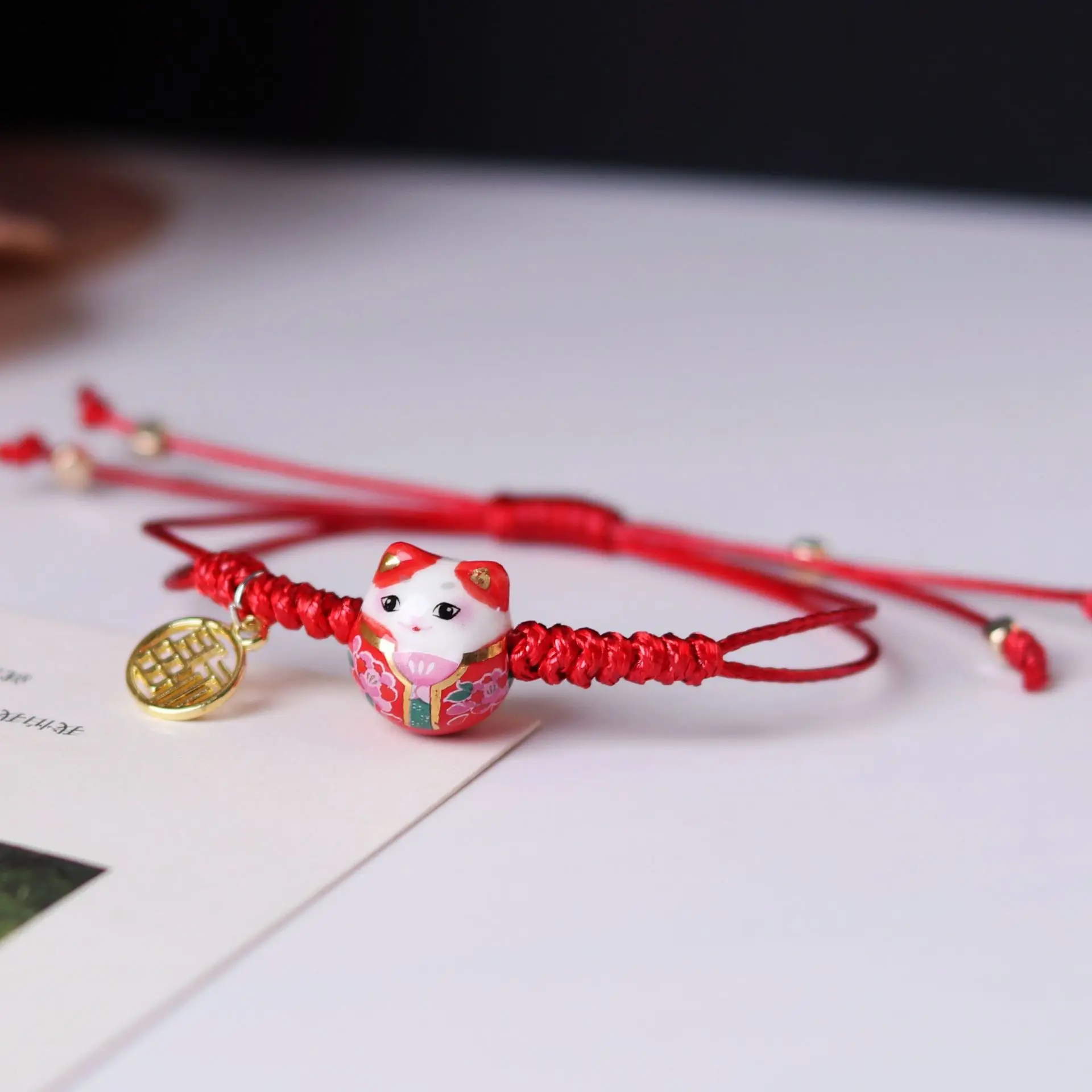 red rope student braided bracelet fortune cat charm women bracelets beads fit european bracelet