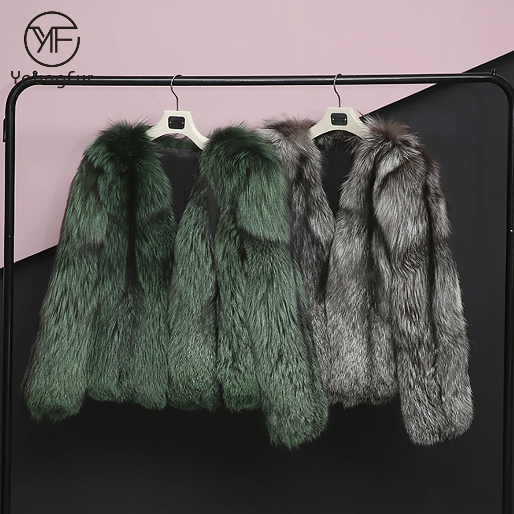 Women winter overcoat whole skin green real silver fox fur flat natural fox fur coat