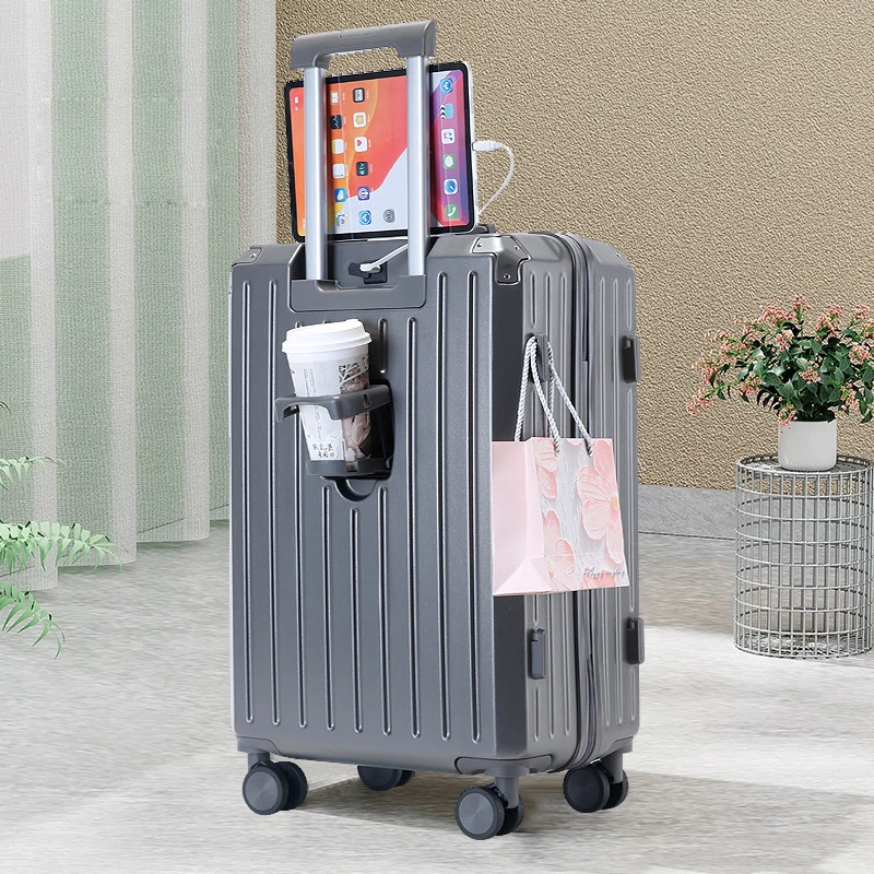 Multifunctional suit case with USB charging and cup holder carry on luggage Trolley Suitcase water proof smart luggage
