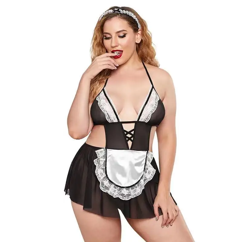
Plus Size Lingerie Maid Black Sexy Lace Teddy With Handcuffs Plus Size Underwear Sexy Lace Lingerie Plus Size 5XL 