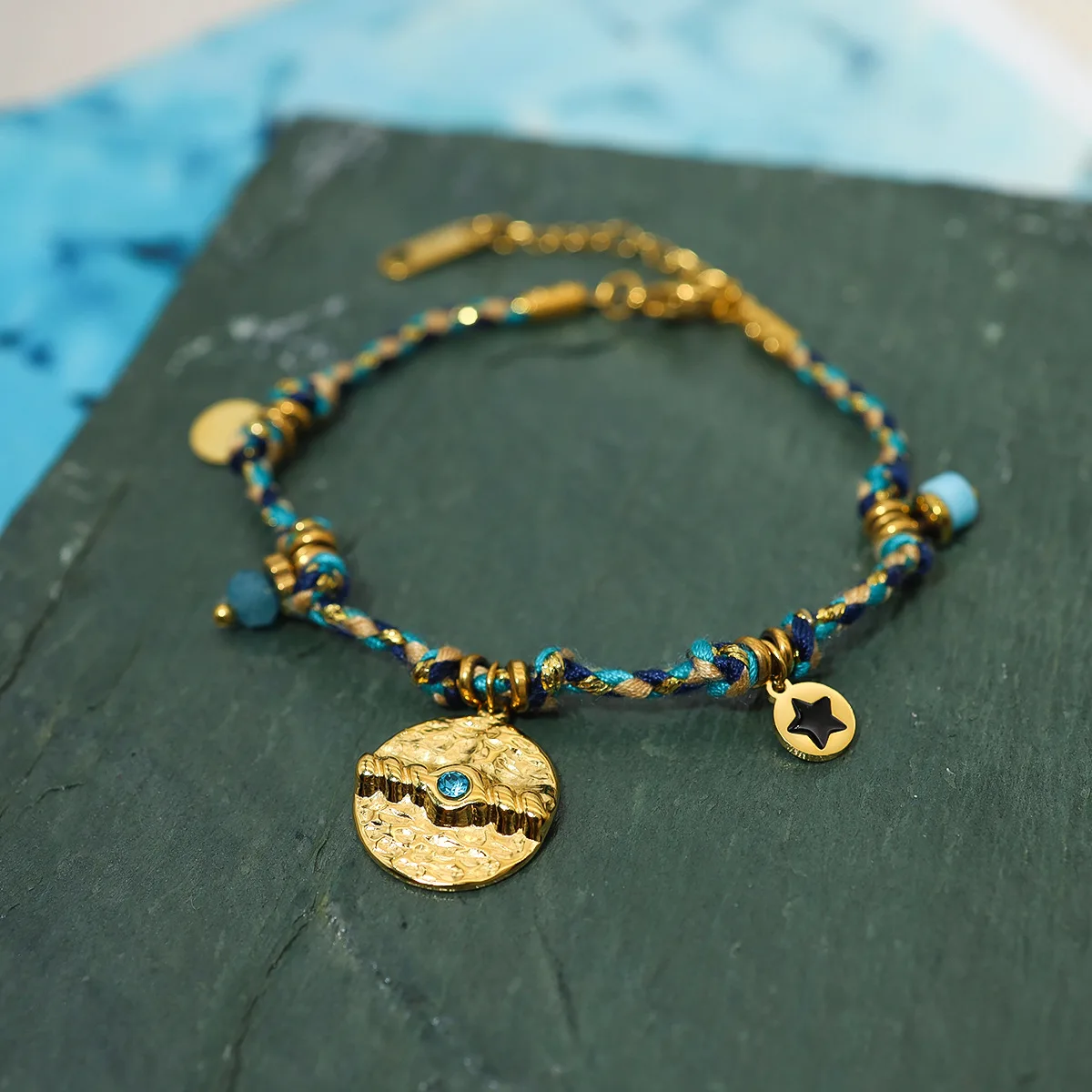 Trendy Men Stainless Steel Braided Bracelet Women Natural Stone Adjustable Gold Bracelet