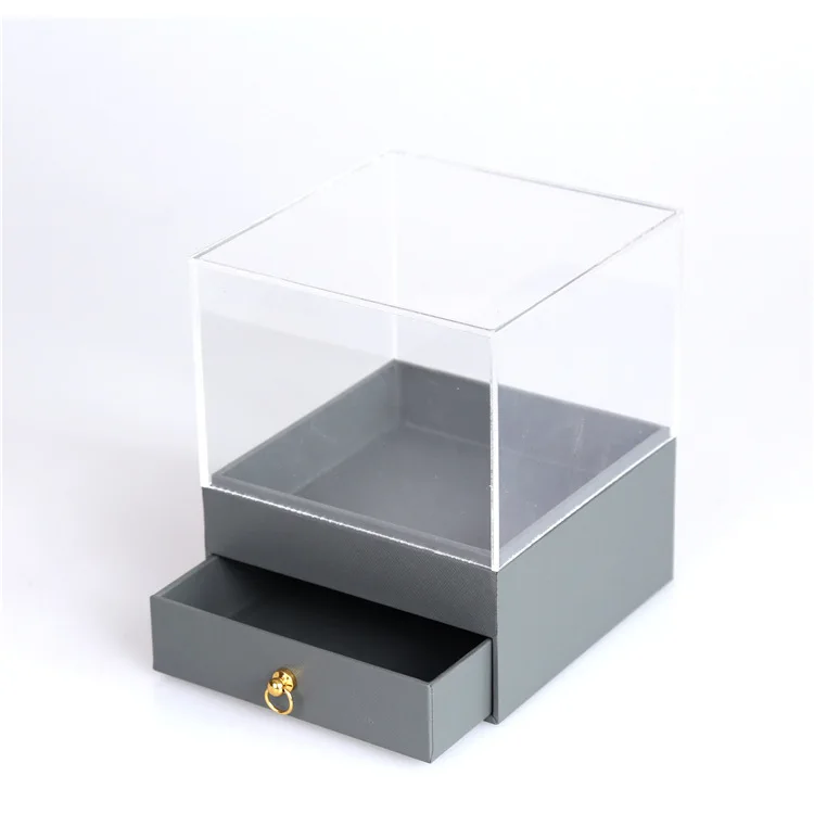 
Custom logo transparent acrylic square artificial flower gift box rose flower storage box with drawer 