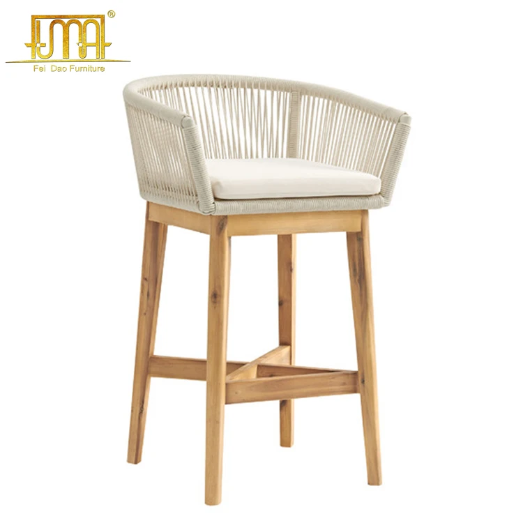 Patio Furniture Teak Wood Leg Rope Outdoor Bar Stools With Arm
