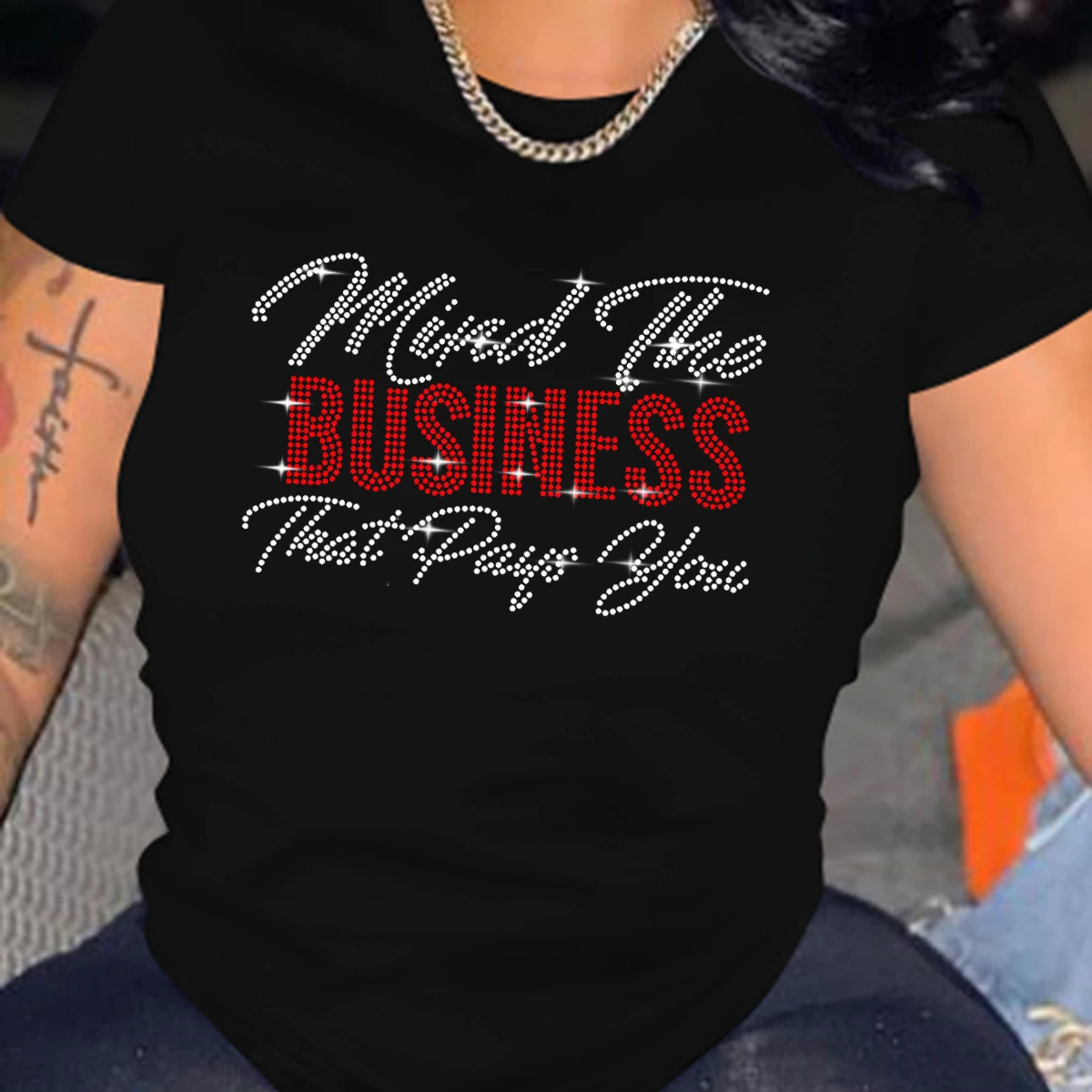 BR3035 women hot drilling round neck T-shirt