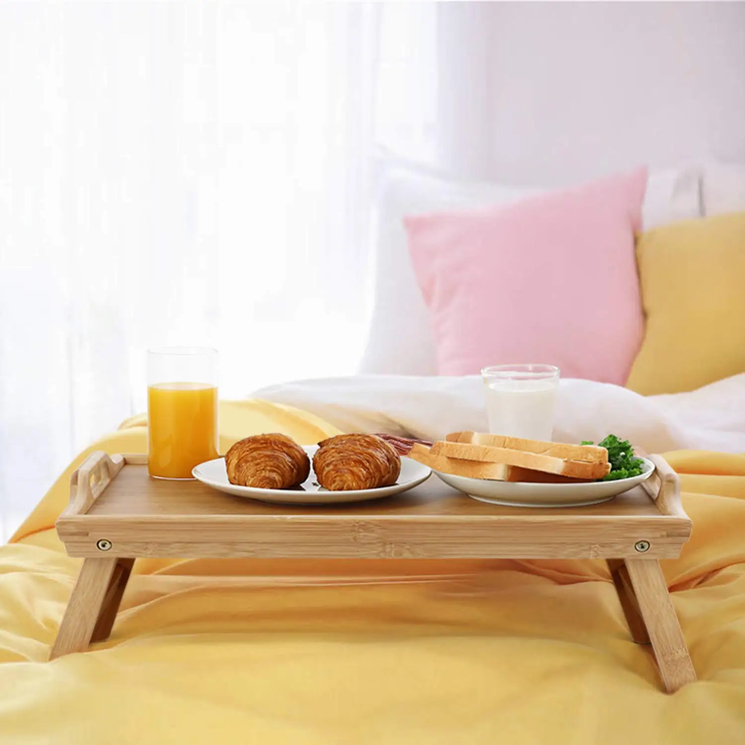 Waterproof Wooden Bamboo Food Tea Serving Breakfast Tray With Folding Legs