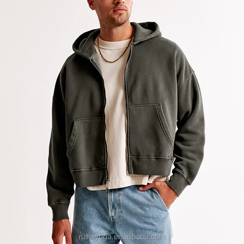 New Custom High Quality Streetwear Blank Heavyweight Oversized 400 gsm French Terry Cotton Fleece Men Cropped Boxy Zip Up Hoodie