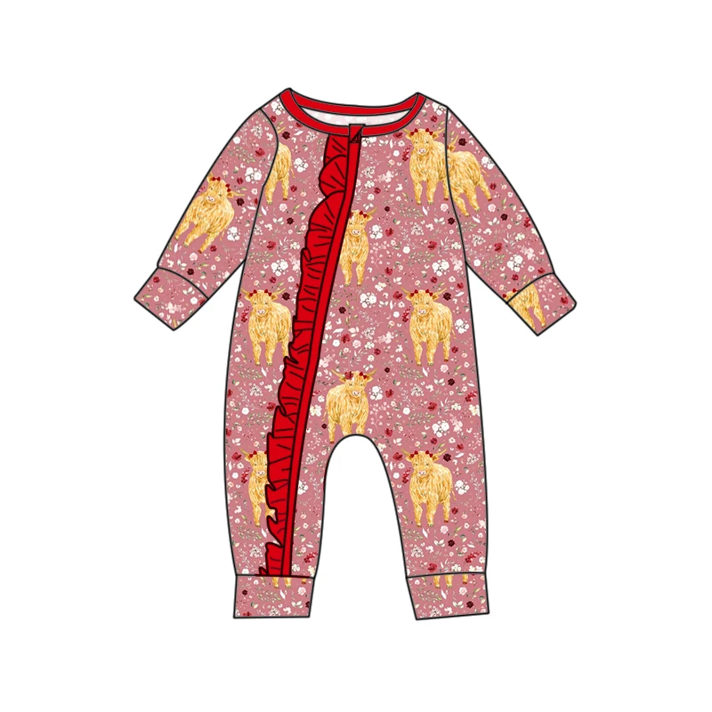 Fuyu COW Baby onesie with 2 way zipper 2023 baby clothes wholesale ruffle Western Southern Jumpsuit romper