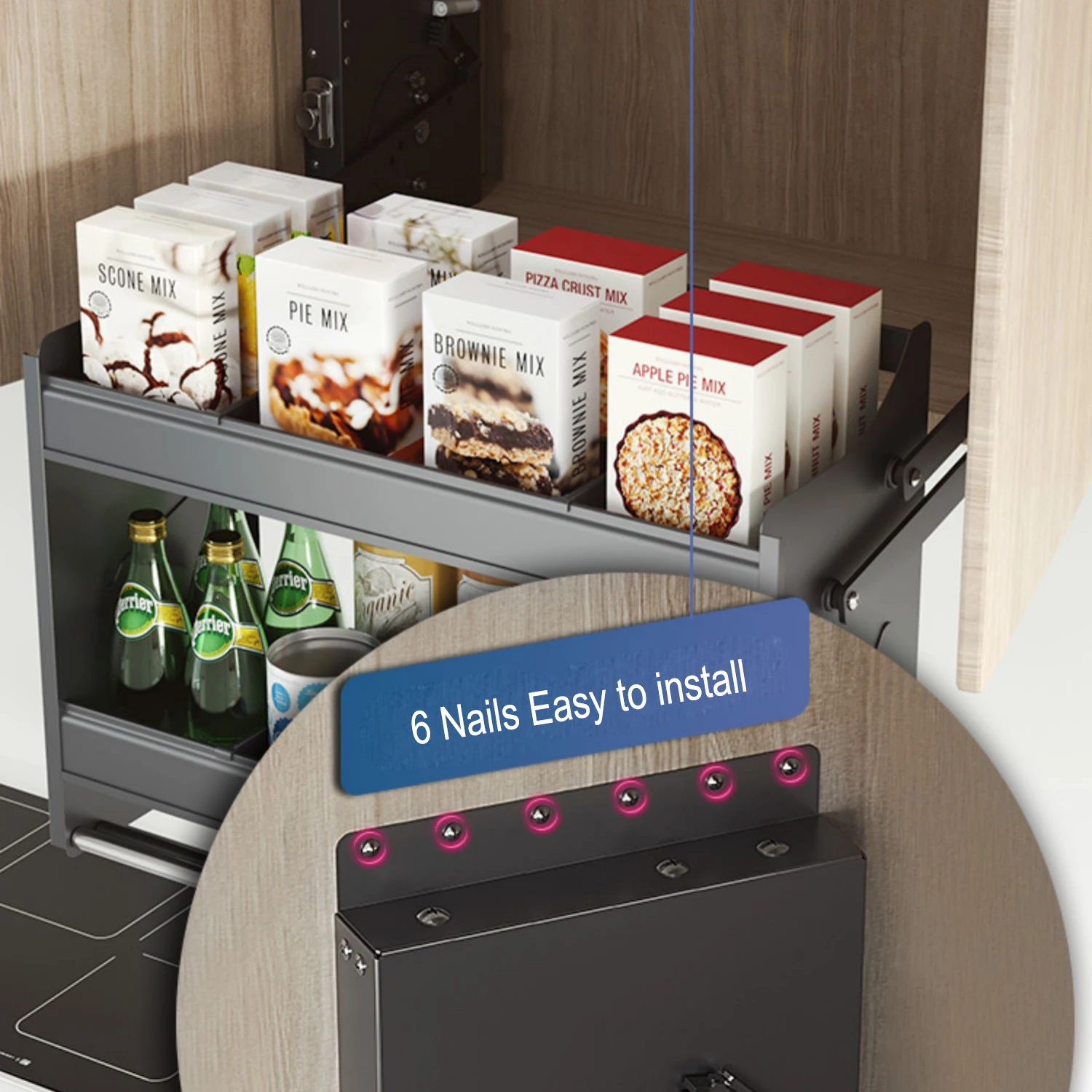 Goldmine Kitchen Cabinet Drawer Pull Out Baskets Double Top Cabinet Condiment Basket Lift Aluminum Steel Kitchen Storage