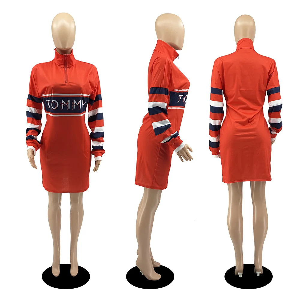 
New Design Letter Print Dress Zipper Front Stand Neck High Waist Dressesfall Fall 2021 Women Clothes Ladies 