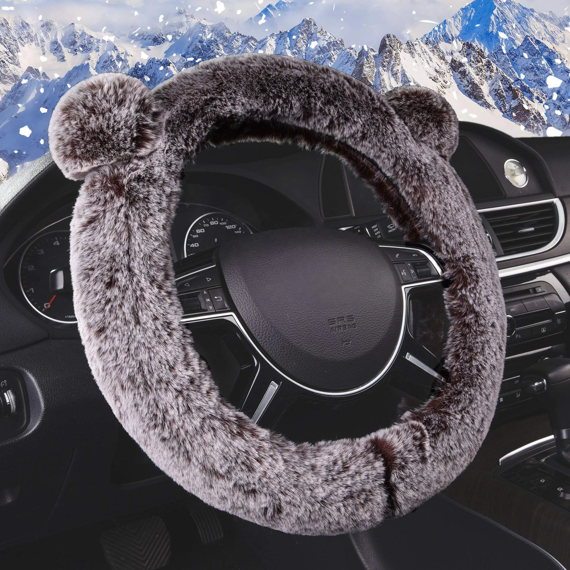 Universal Fit Cute and Fluffy Koala Bear Plush Black Steering Wheel Cover fits Most Cars SUVs Trucks and Vans