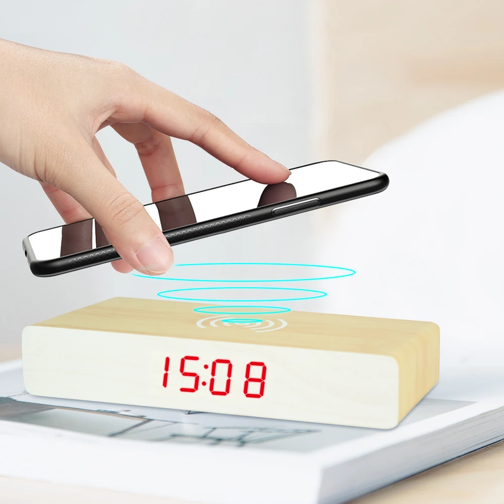 2 In 1  Evertop Modern Wooden Smart Digital Desk Clock Wireless Charging Led Clock Digital Temperature Table Alarm Clock