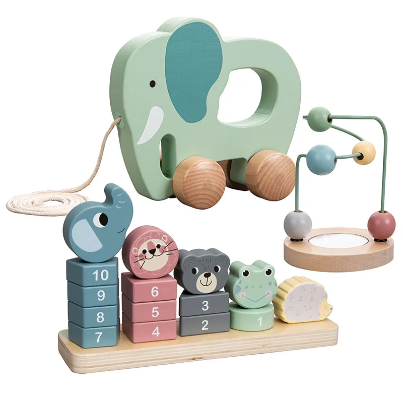 Montessori Toddler Toys Toy Set Building Blocks Education Wooden Including Pull Along Elephant, Bead Maze and Animal Wood Unisex