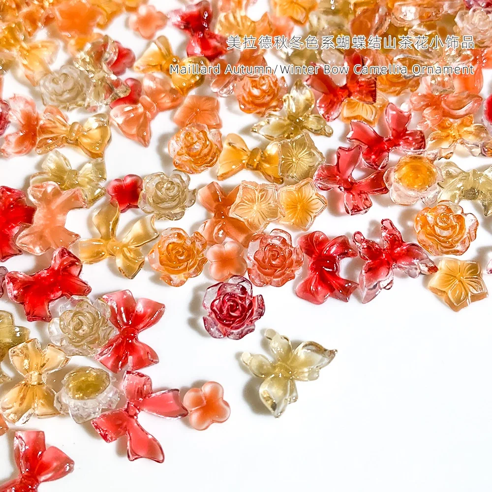 Vintage Autumn Maillard Resin Bow Nail Charms Camellia Flower Butterfly Decoration Mixed Nail Accessories