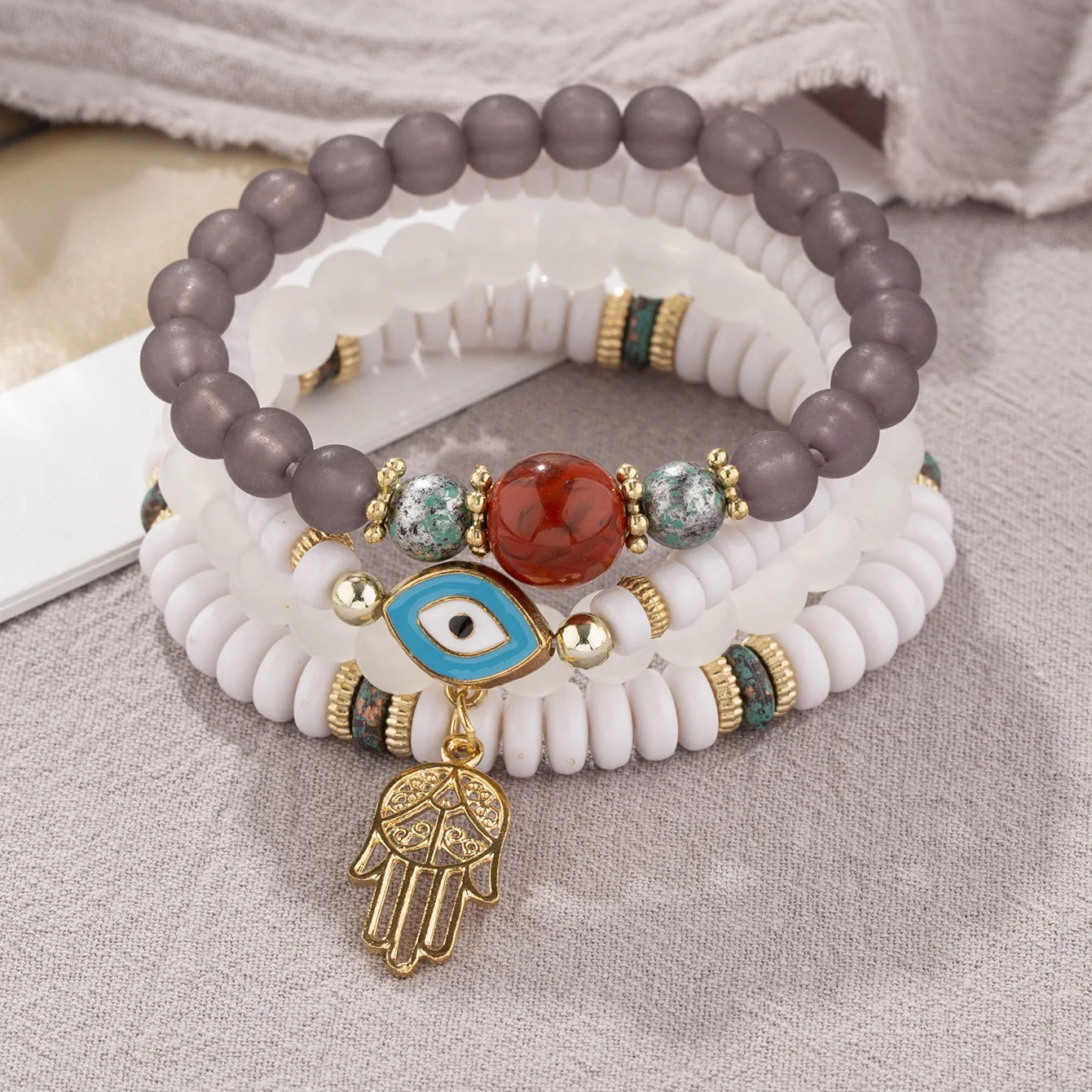 Evil Eyes Bracelets Pack Crystal Bohemian Bracelet Set Beaded Mixed Hamsa Hand Palm Protection Stretch Jewelry for Women Girls