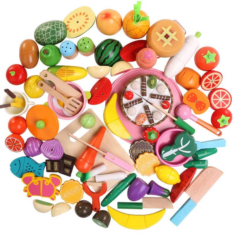 Wooden Kitchen Pretend Play Toys Cutting Fruit Vegetable Meat Desserts Set Magnetic Simulation Food Educational Kids Toys Gifts