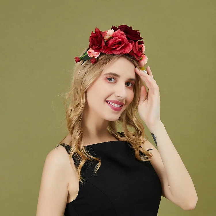 
Gorgeous Flower Headband Crown Women Wreath Hair Accessories Rose Red Dahlia Floral Headband Headpieces for Festival 