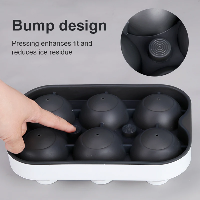 Custom Bpa Free 3D Whisky Sphere Square Cube Maker Freezer 6 Holes Drink Ball Silicone Ice Cube Tray Mold With Lid and Bin
