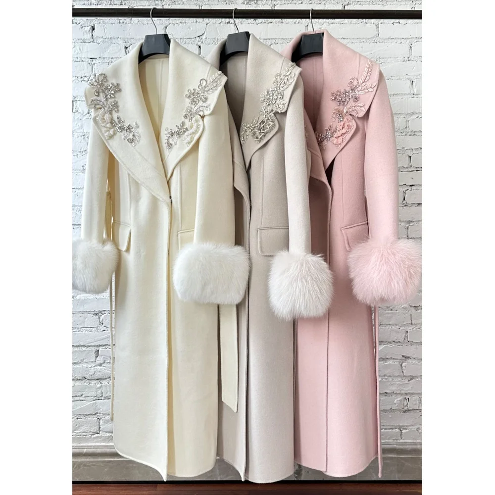 New Design High Quality Luxury Long Solid Color Woven Beading Applique Wool Cashmere Belted Coat With Real Fur Cuffs For Ladies