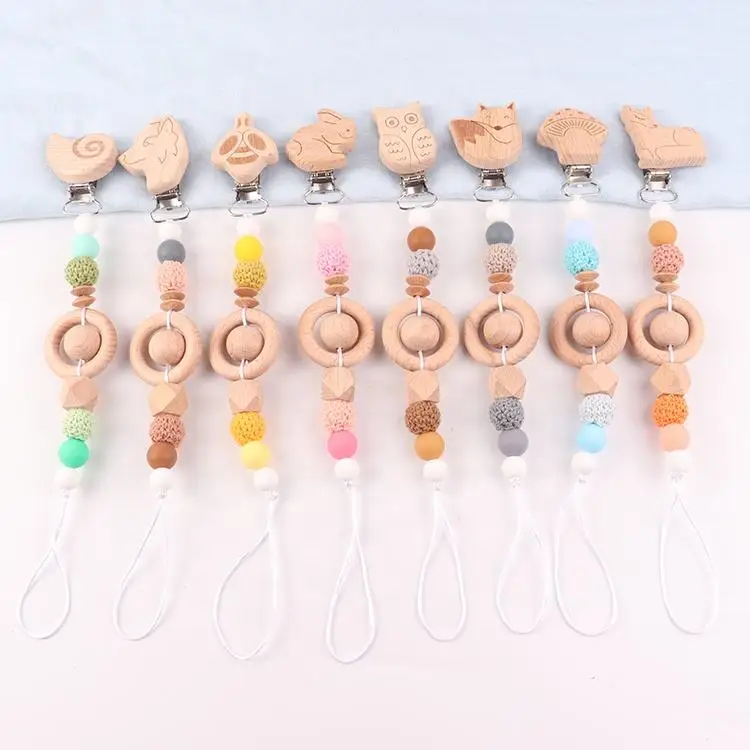 Wholesale teething beech wood ring chewing toys baby crochet beads pacifier chain wooden baby teether