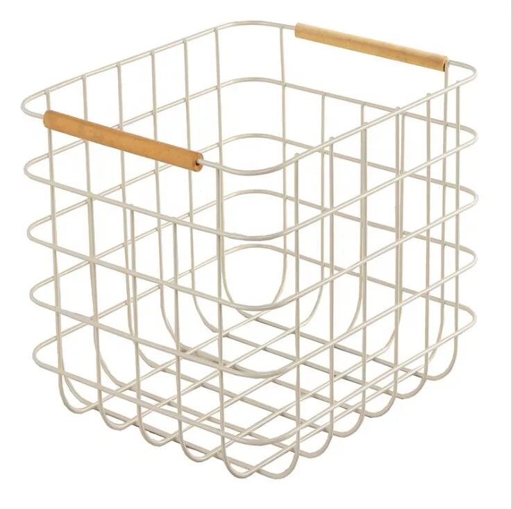 Wire Basket Wooden Handle Decorative Kitchen Room Organizer Basket Wooden Handle Storage Baskets